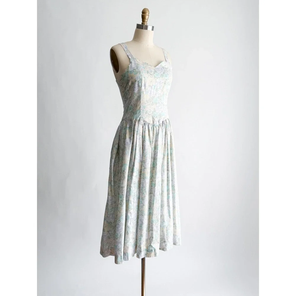 Vintage Floral Midi Dress Cottagecore Pastel Dropped Waist Sweetheart Blue Green
